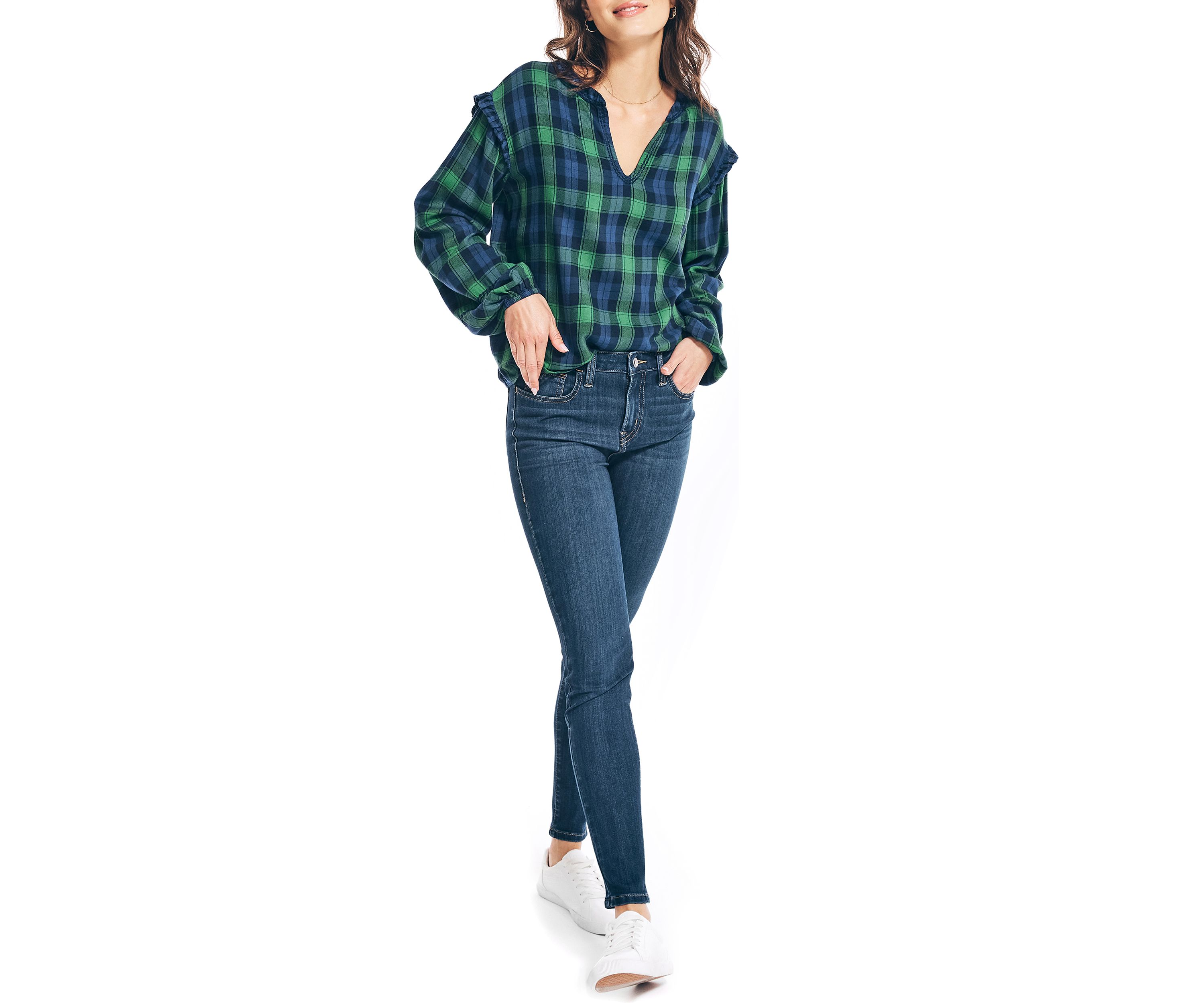 Womens Tartan Ruffle Popover Top