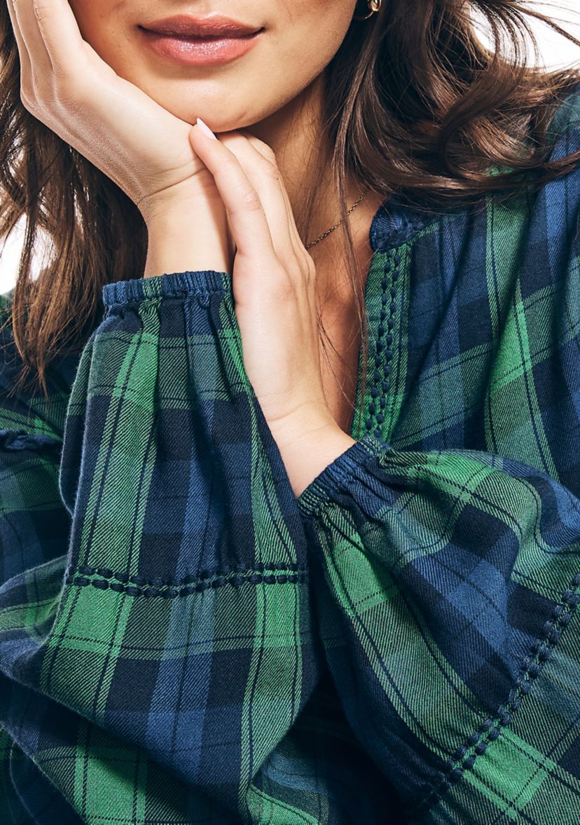 Womens Tartan Ruffle Popover Top