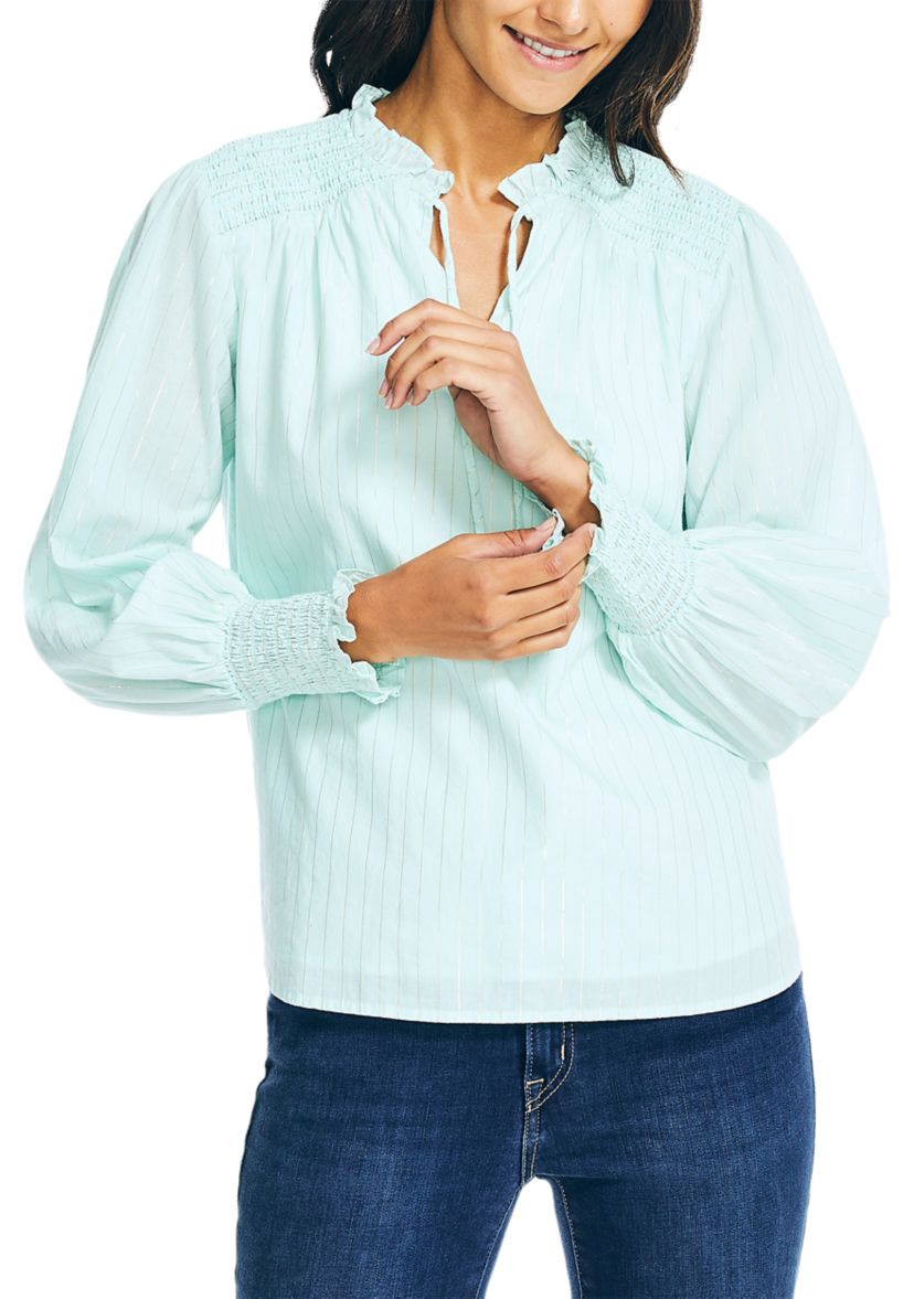 Womens Striped Ruffle Neck Top