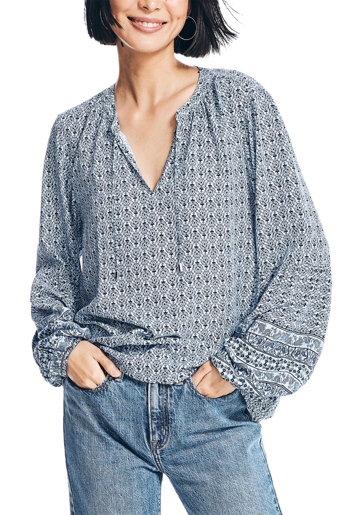 Womens Sustainably Crafted Printed Split Neck Top