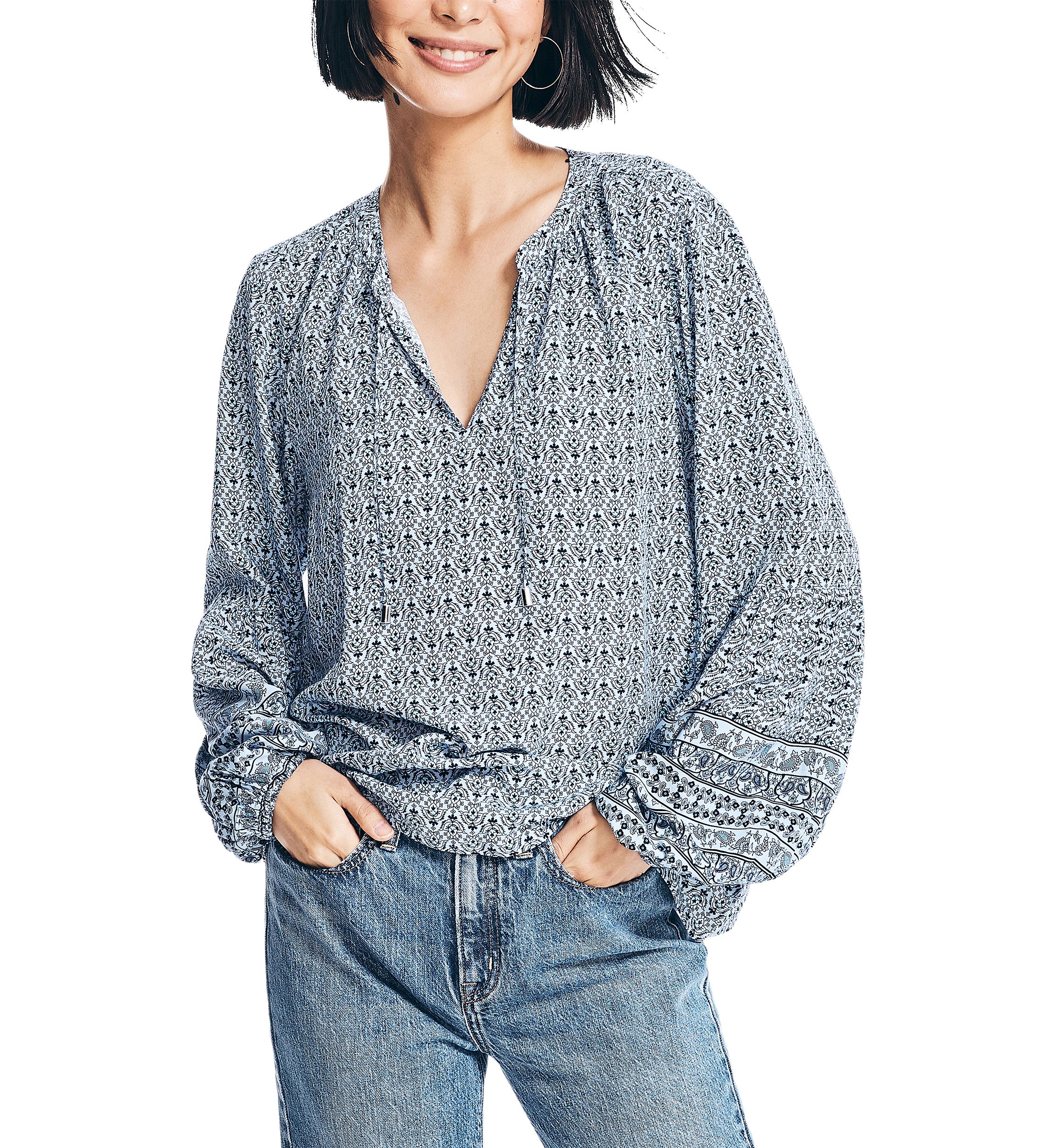 Womens Sustainably Crafted Printed Split Neck Top