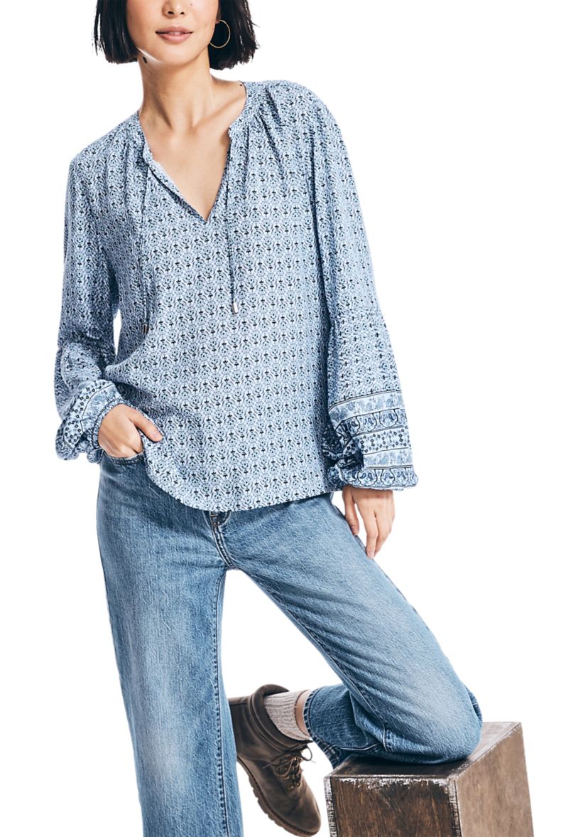 Womens Sustainably Crafted Printed Split Neck Top