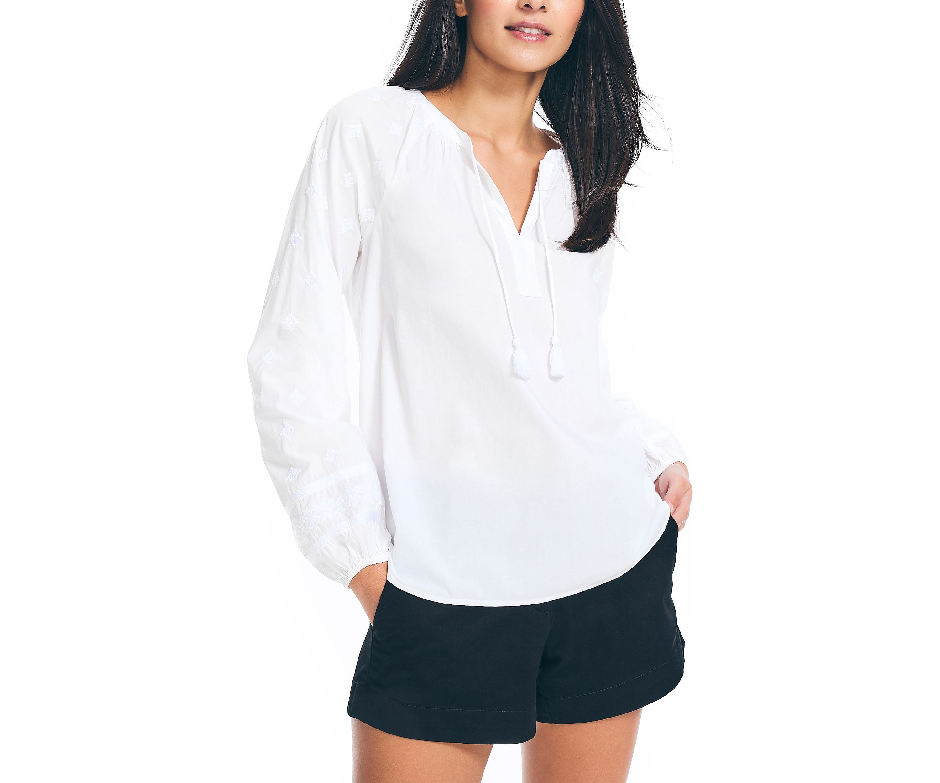 Embroidered Split-Neck Top
