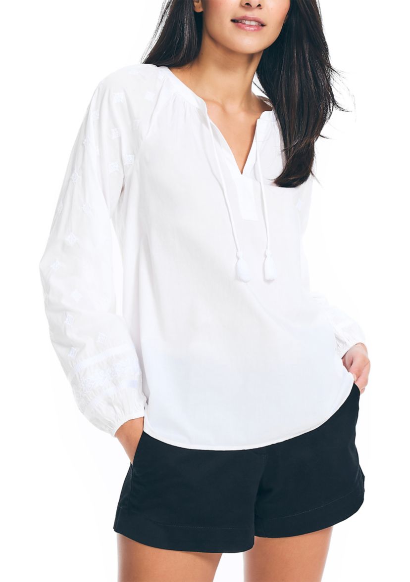 Embroidered Split-Neck Top
