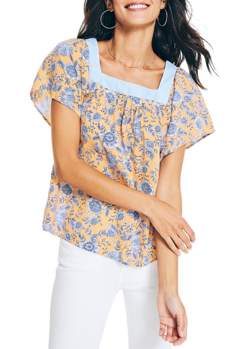 Womens Sustainably Crafted Square Neck Floral Print Top