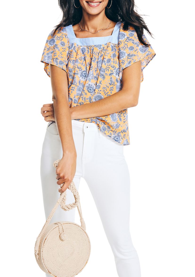 Womens Sustainably Crafted Square Neck Floral Print Top