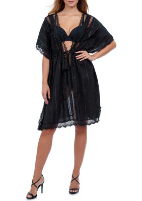 V-Neck Open Front Swim Cover Up Dress with Lace Details