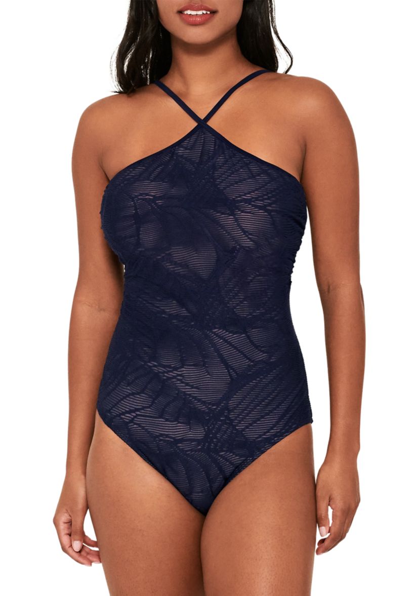 Textured High Neck One Piece Swimsuit
