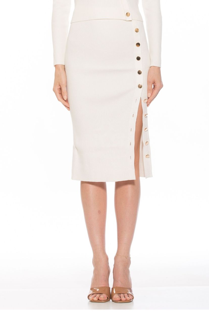 Olivia Button Detail Midi Ribbed Knit Skirt
