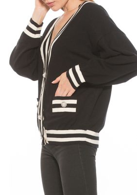 Frances Longline Menswear Cardigan With Contrast Stripes