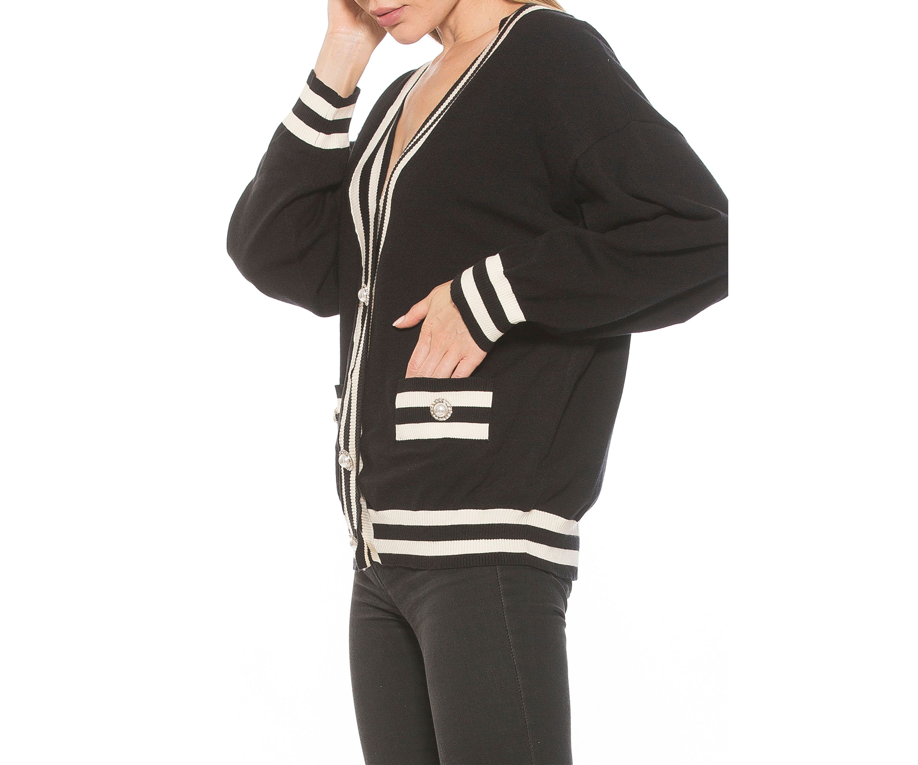 Frances Longline Menswear Cardigan With Contrast Stripes