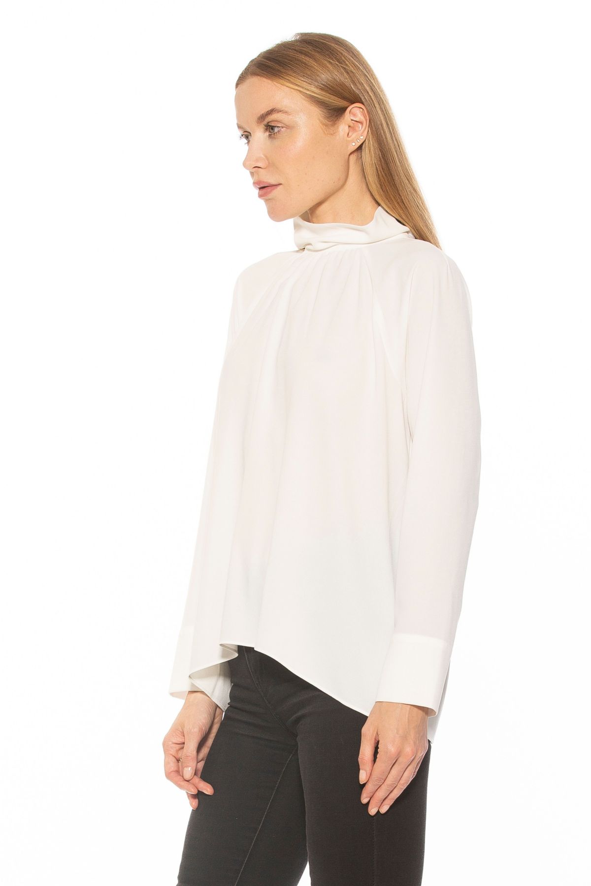 Danielle Draped Mockneck Silky Flowy Blouse