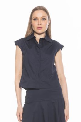 Alexia Admor Women's Juniper Sleeveless Button Down Shirt, Navy Blue, 14