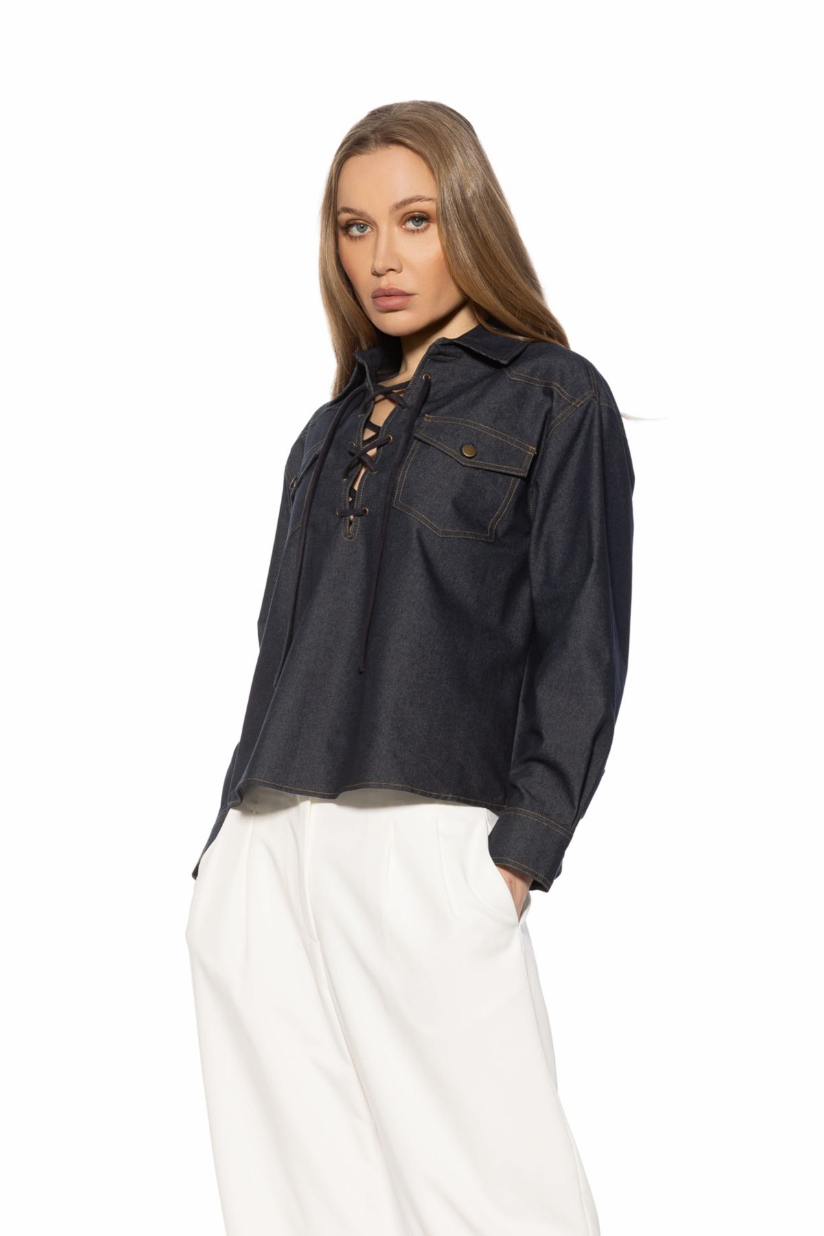 Thalina Shirt With Front Lace Up Detail