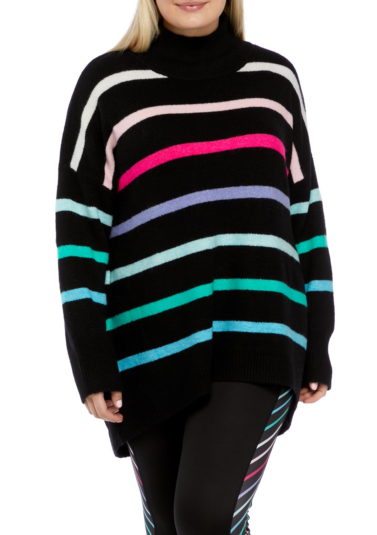 Plus Size Striped Mock Neck Tunic Sweater 