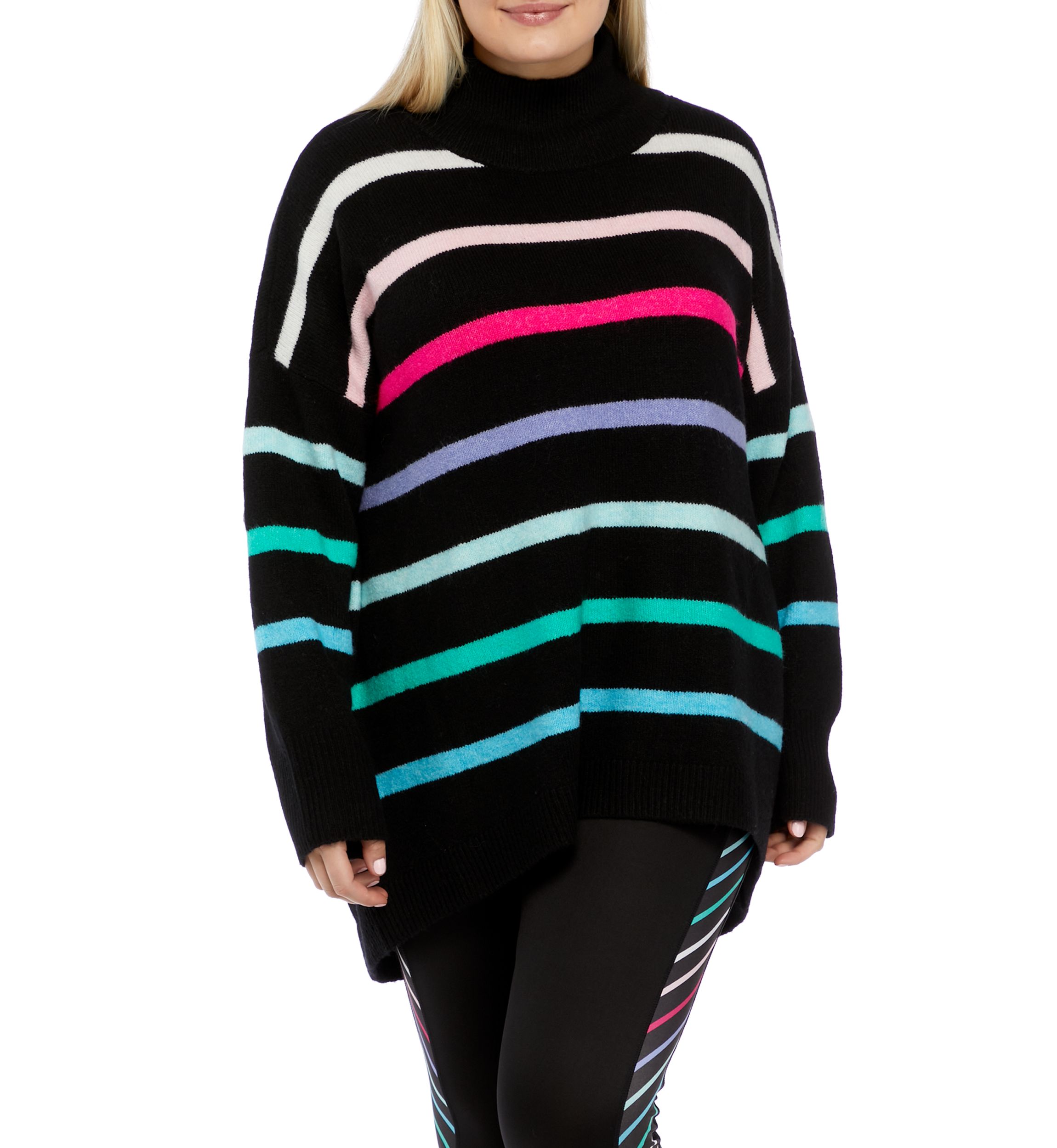 Plus Size Striped Mock Neck Tunic Sweater 