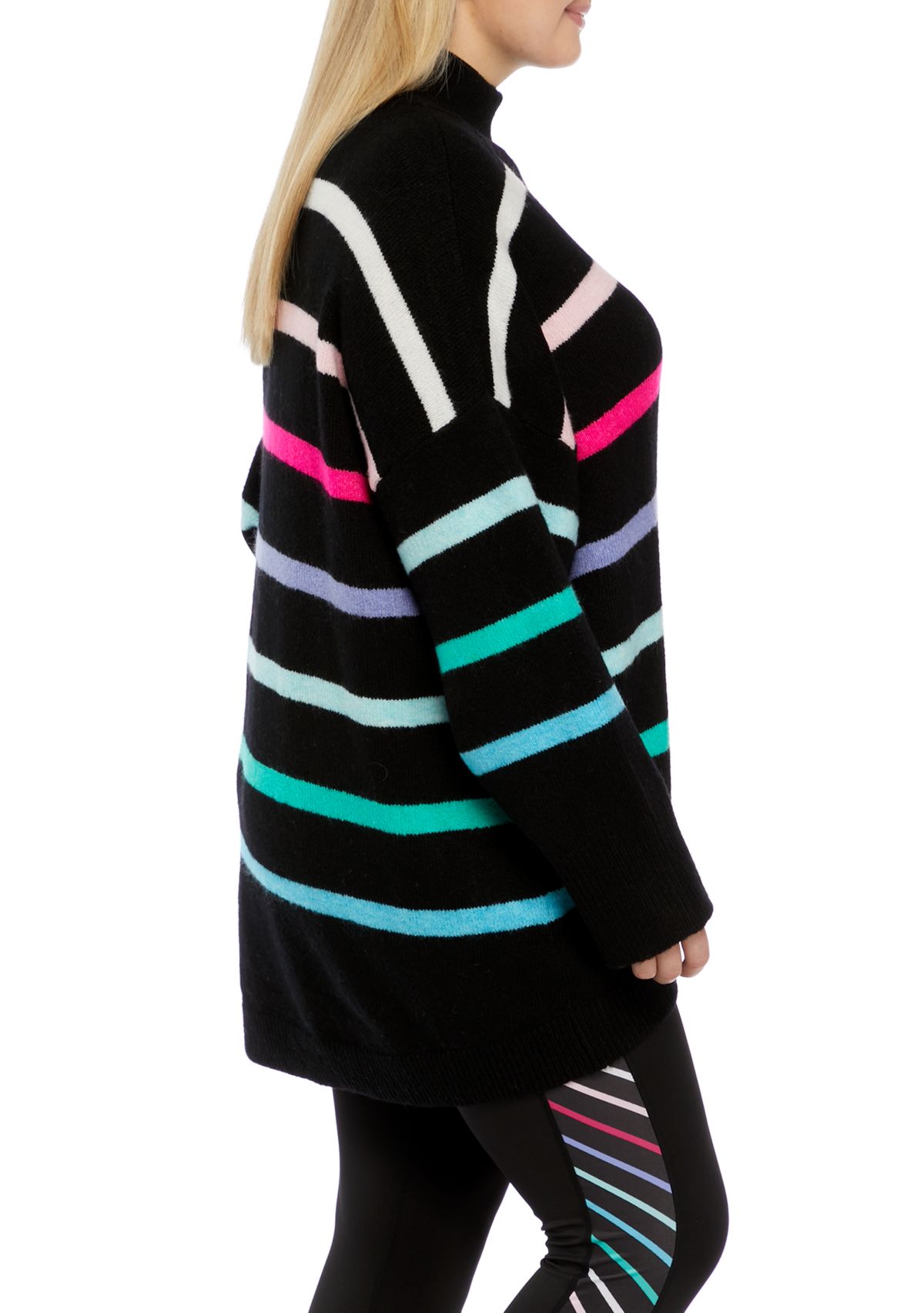 Plus Size Striped Mock Neck Tunic Sweater 