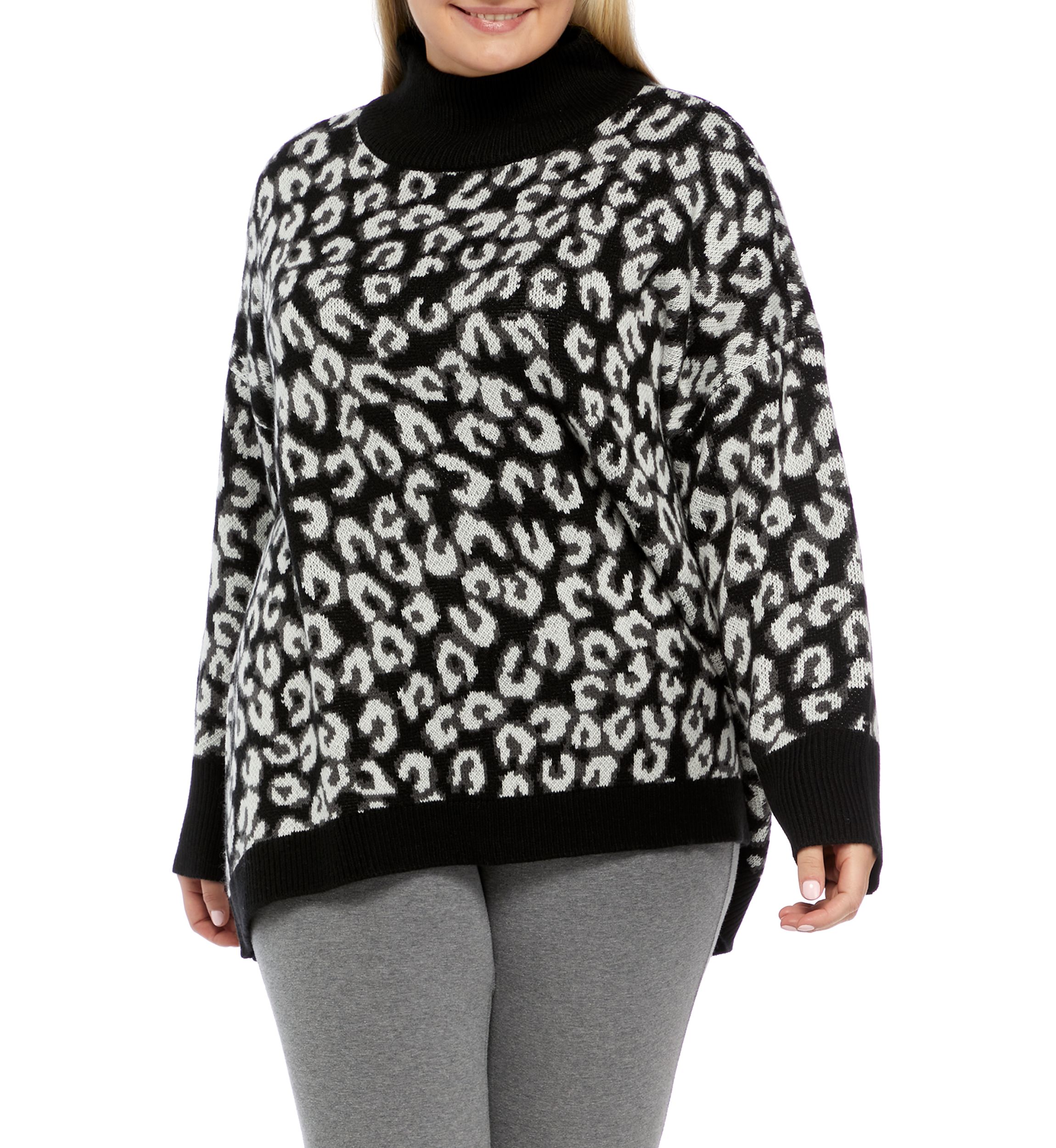  Plus Size Animal Print Mock Neck Tunic Sweater 