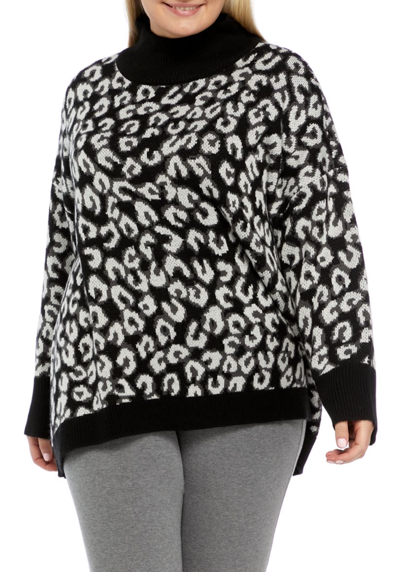  Plus Size Animal Print Mock Neck Tunic Sweater 