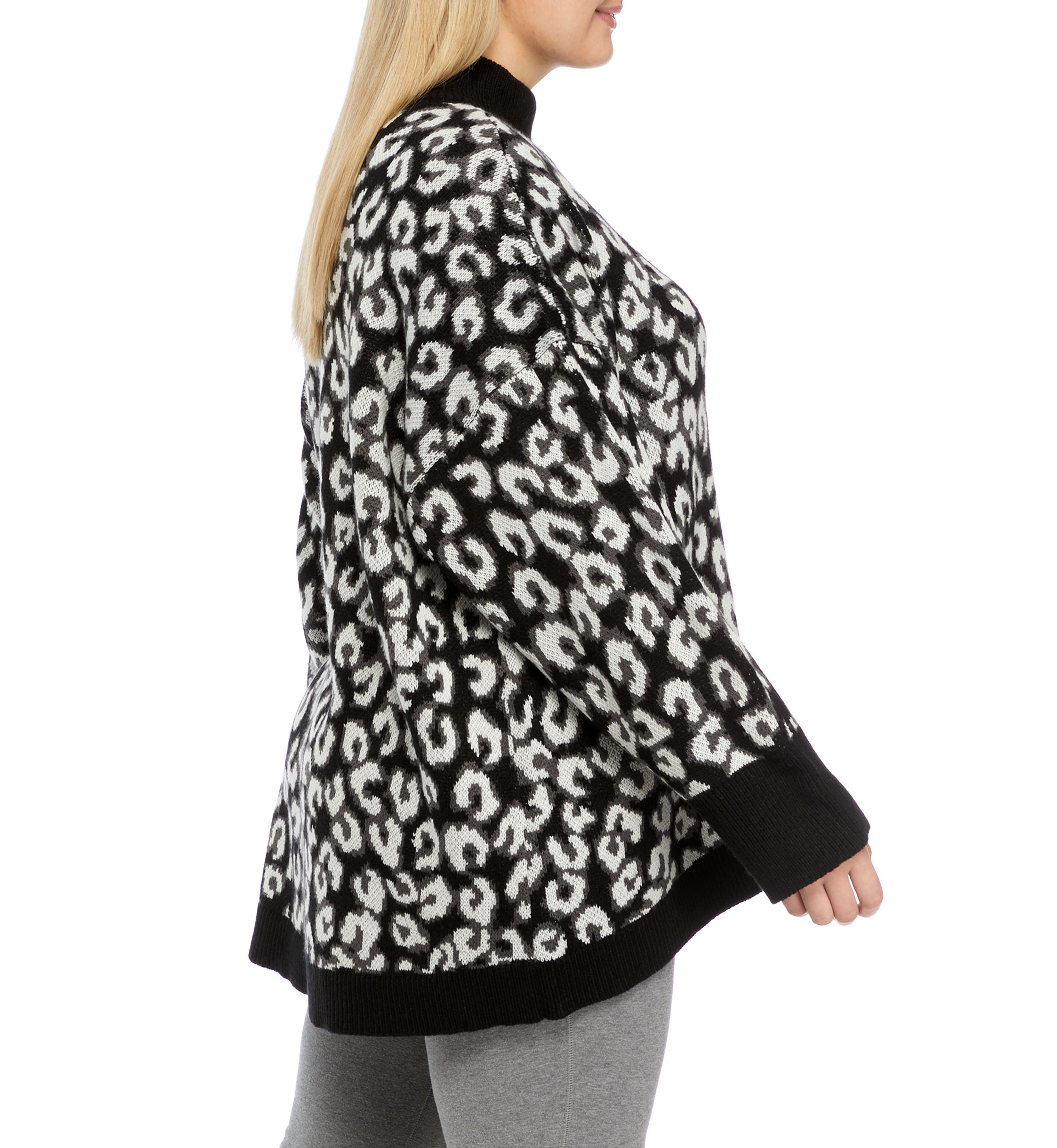  Plus Size Animal Print Mock Neck Tunic Sweater 
