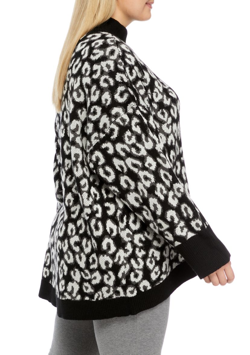  Plus Size Animal Print Mock Neck Tunic Sweater 