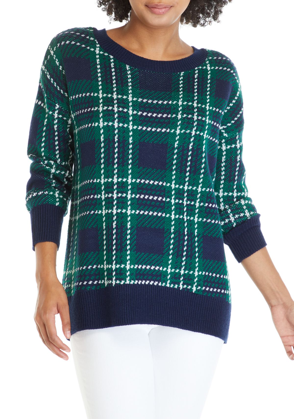 Womens Long Sleeve Bow Back Yarn Dye Plaid Sweater 