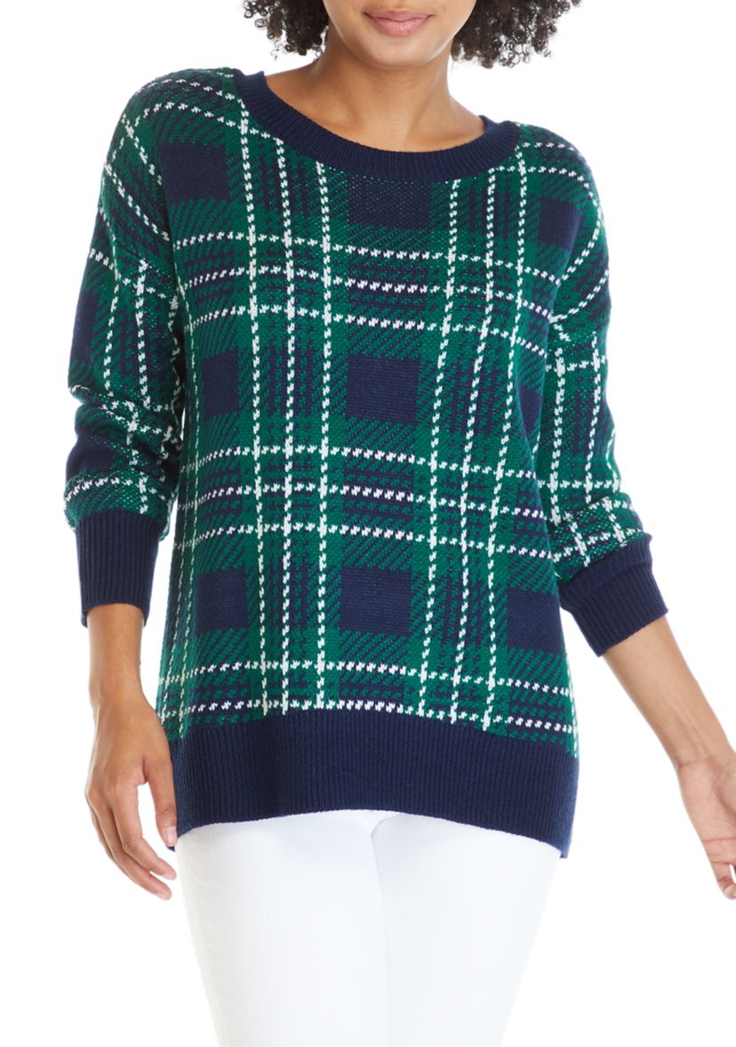 Womens Long Sleeve Bow Back Yarn Dye Plaid Sweater 