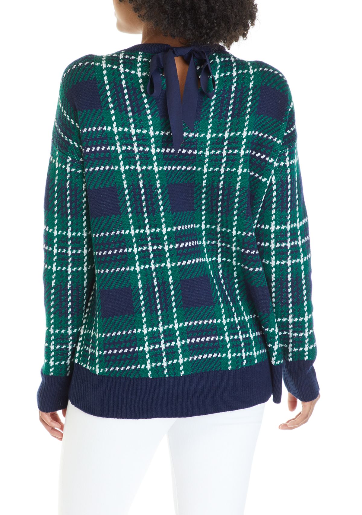 Womens Long Sleeve Bow Back Yarn Dye Plaid Sweater 