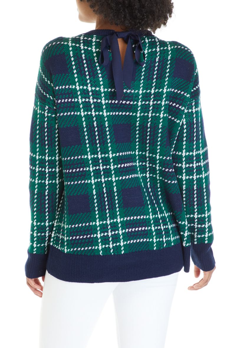 Womens Long Sleeve Bow Back Yarn Dye Plaid Sweater 