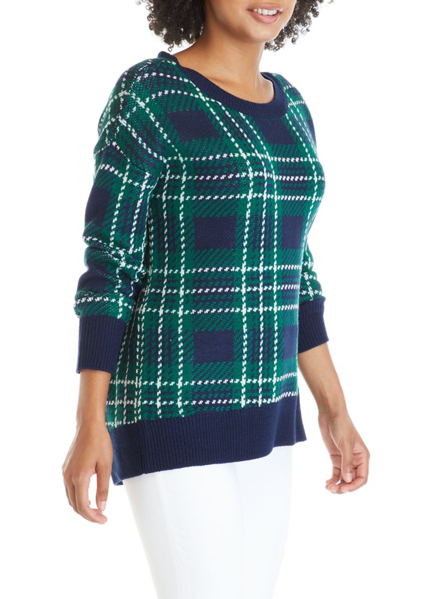 Womens Long Sleeve Bow Back Yarn Dye Plaid Sweater 