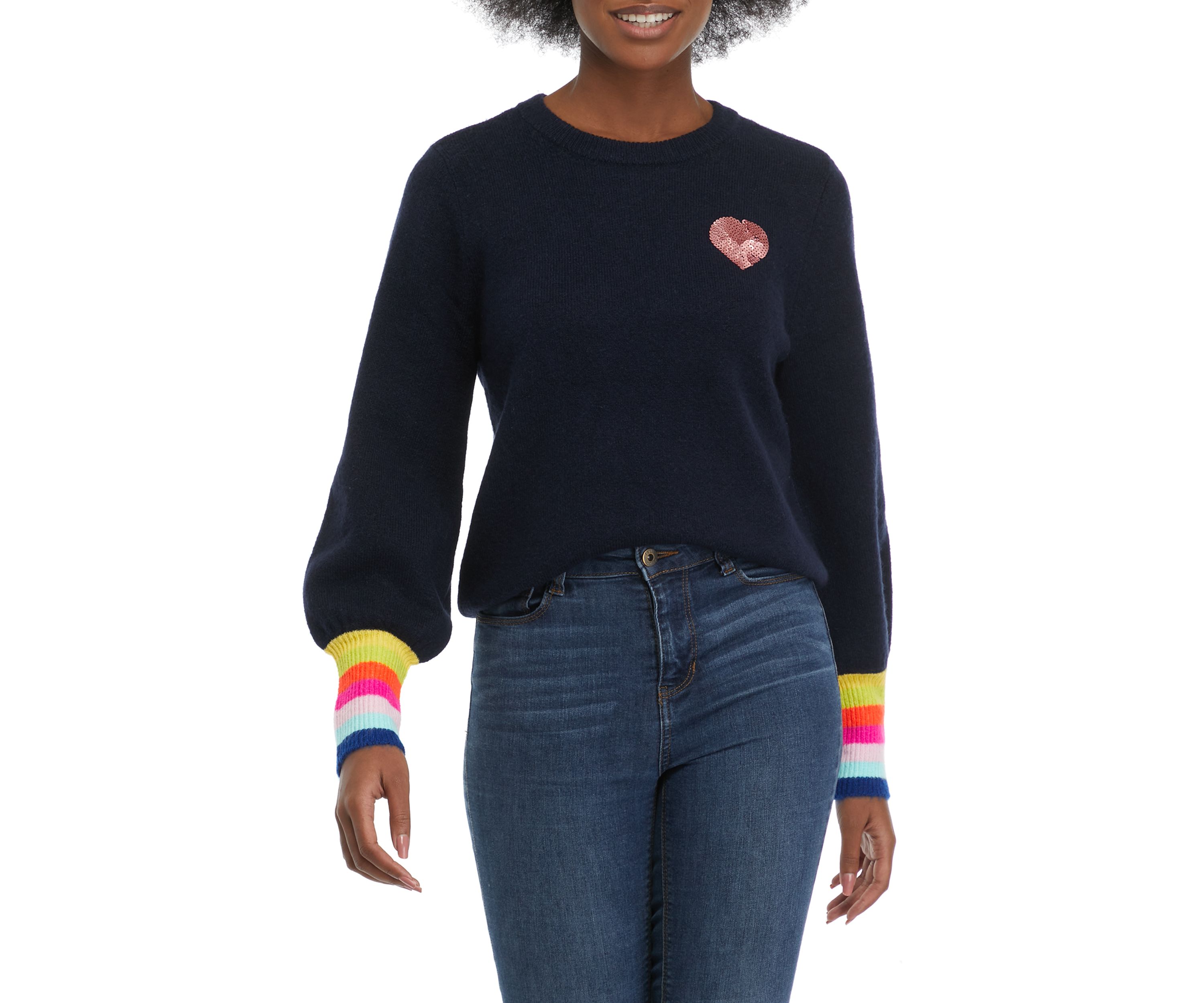 Womens Blouson Sleeve Sequin Heart Sweater 