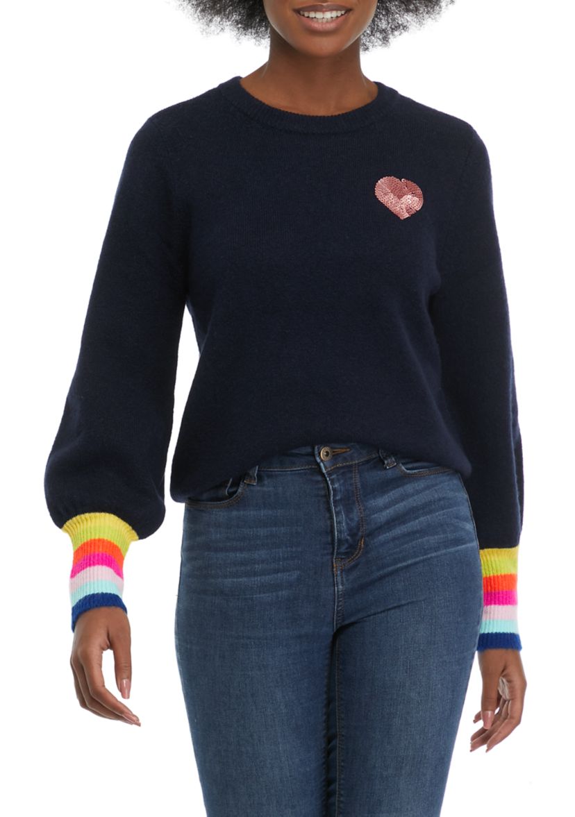 Womens Blouson Sleeve Sequin Heart Sweater 