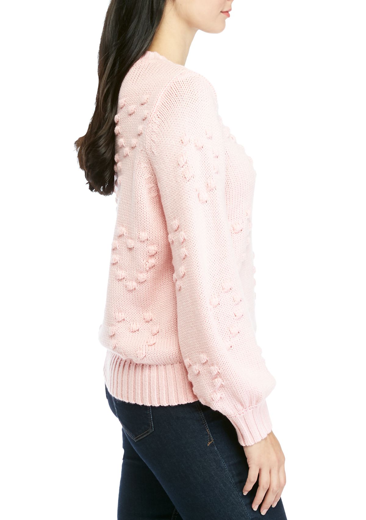 Womens Balloon Sleeve Popcorn Heart Sweater 