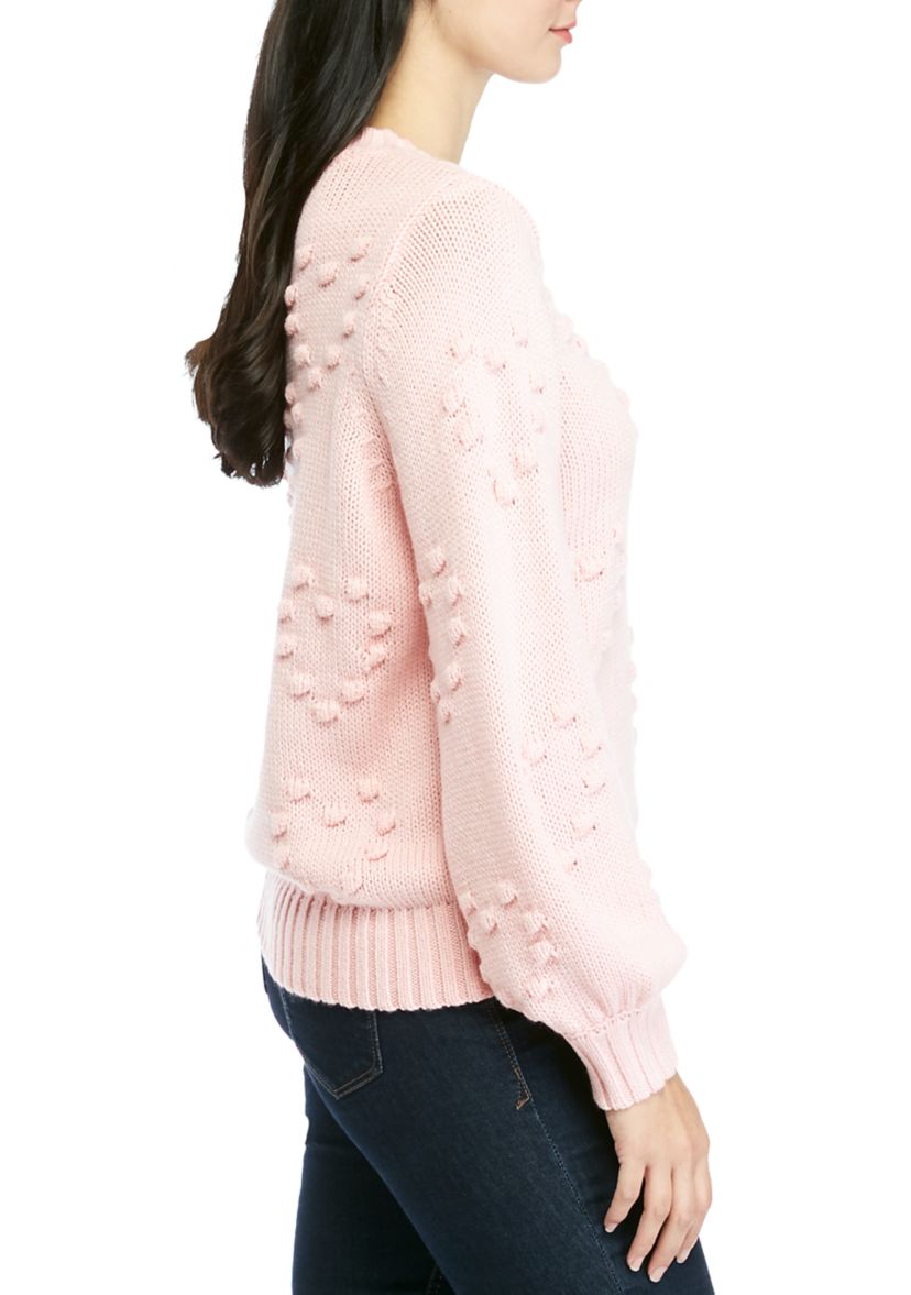 Womens Balloon Sleeve Popcorn Heart Sweater 