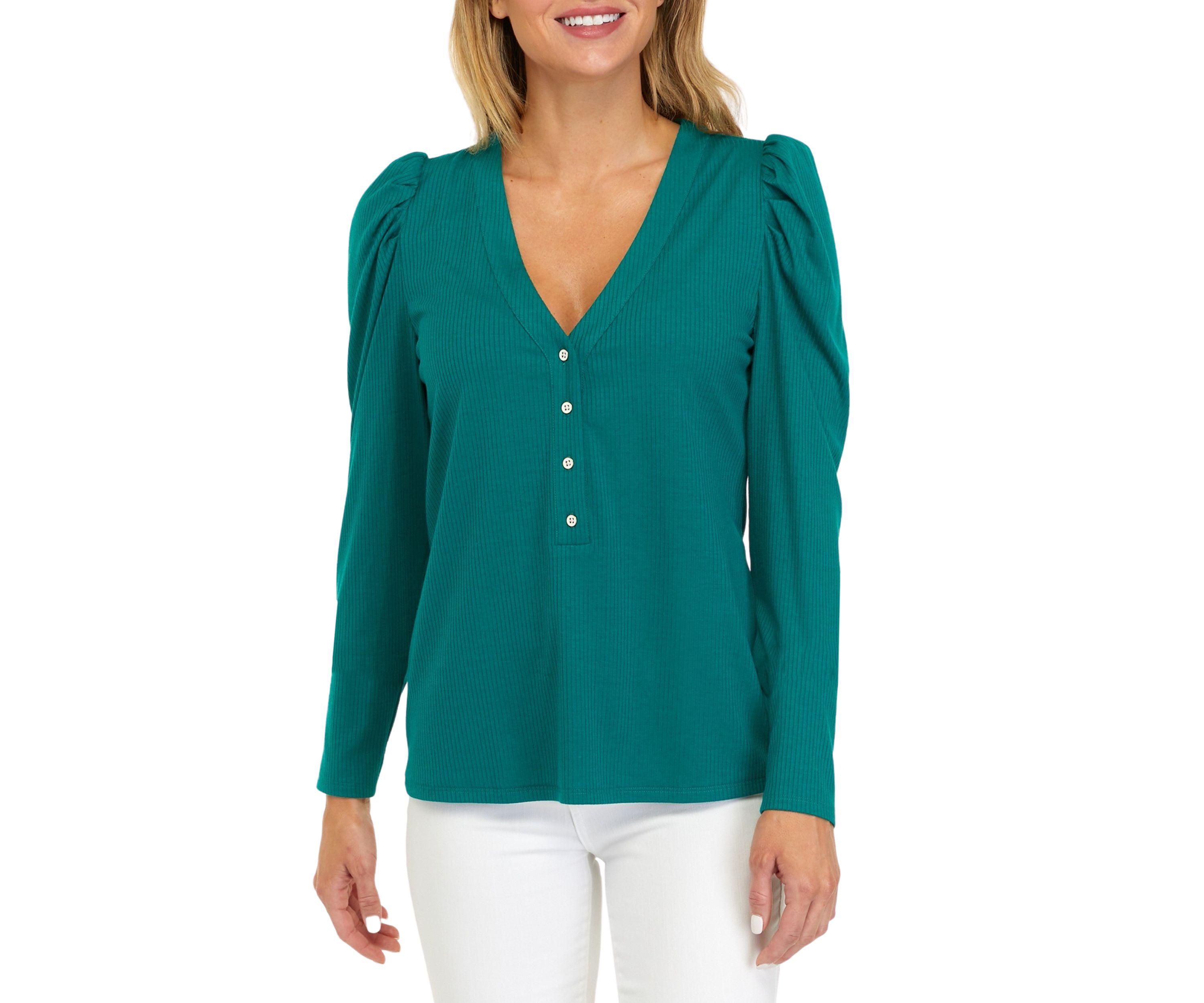 Womens Long Puff Sleeve Ribbed Henley Shirt 