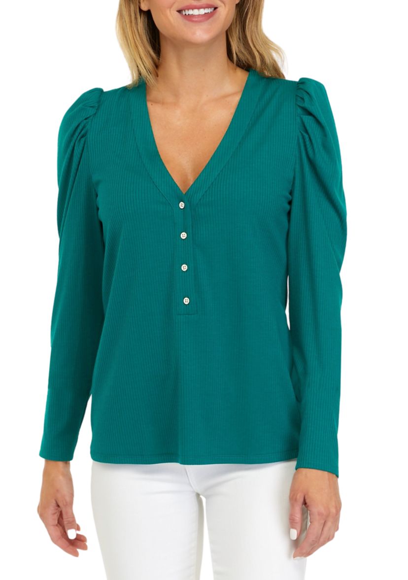 Womens Long Puff Sleeve Ribbed Henley Shirt 