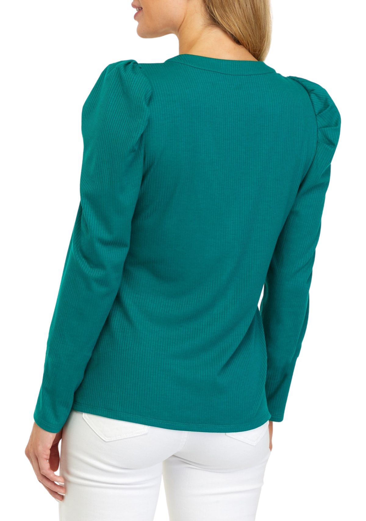 Womens Long Puff Sleeve Ribbed Henley Shirt 