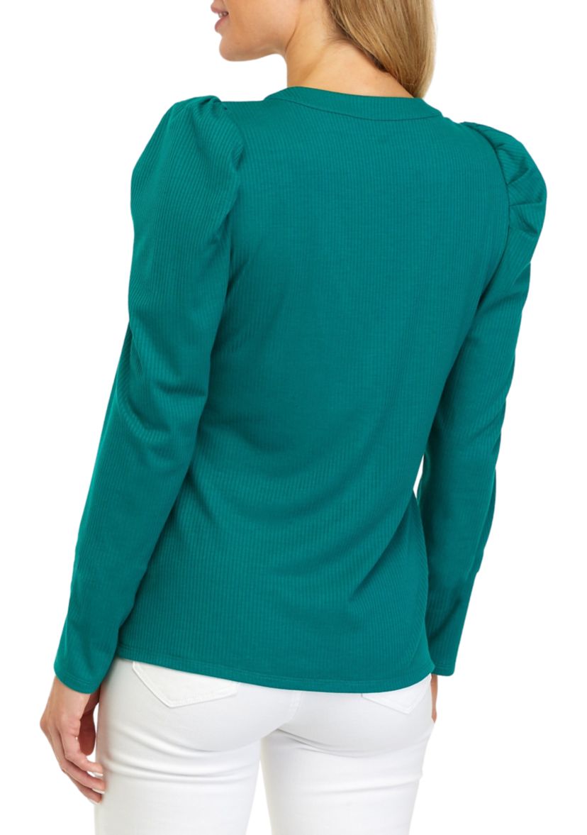 Womens Long Puff Sleeve Ribbed Henley Shirt 