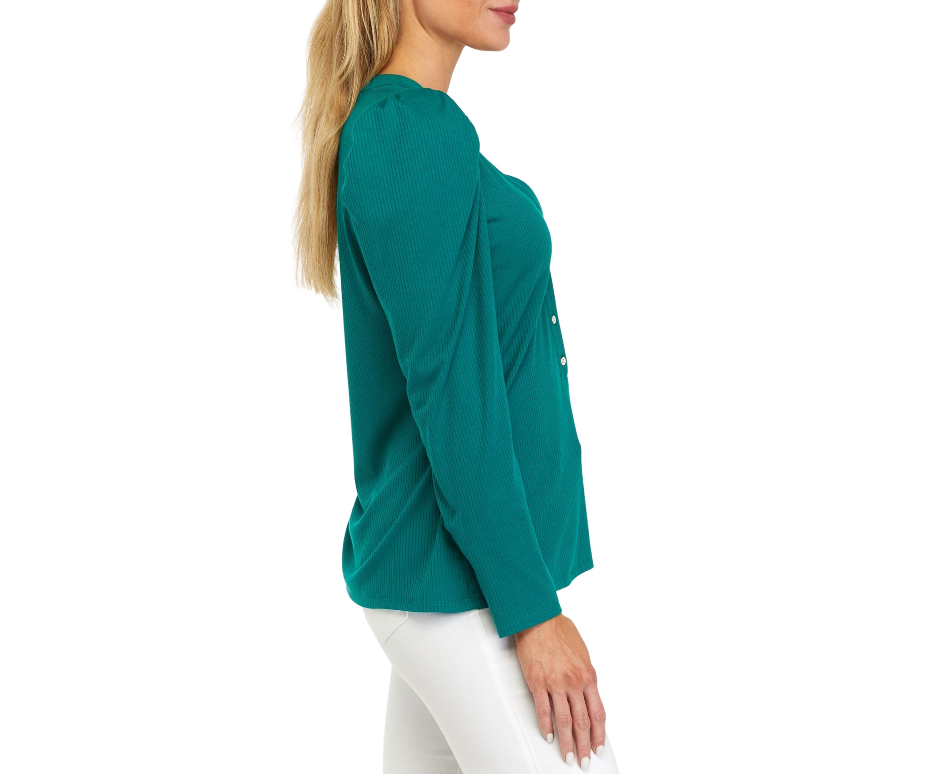 Womens Long Puff Sleeve Ribbed Henley Shirt 