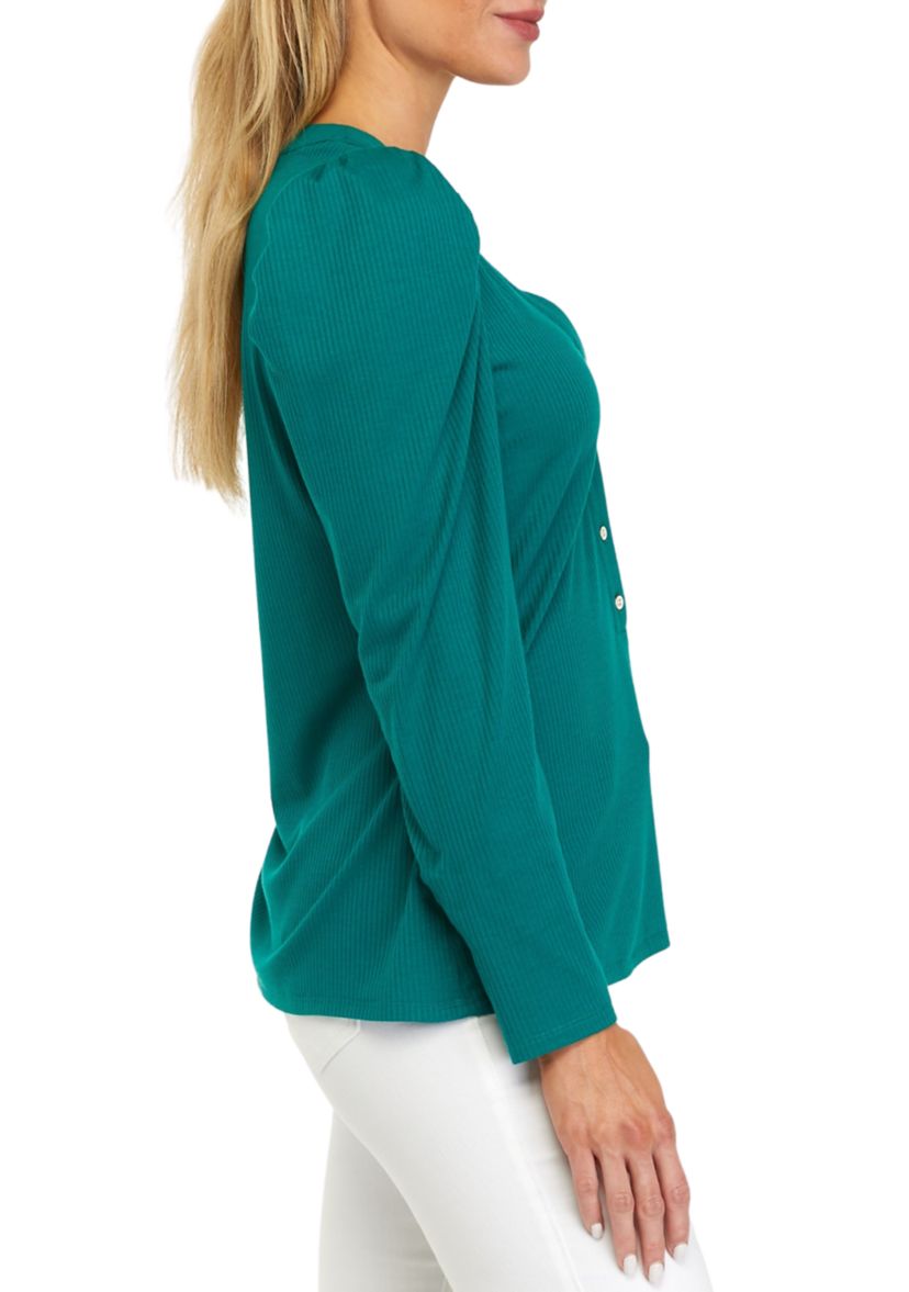 Womens Long Puff Sleeve Ribbed Henley Shirt 