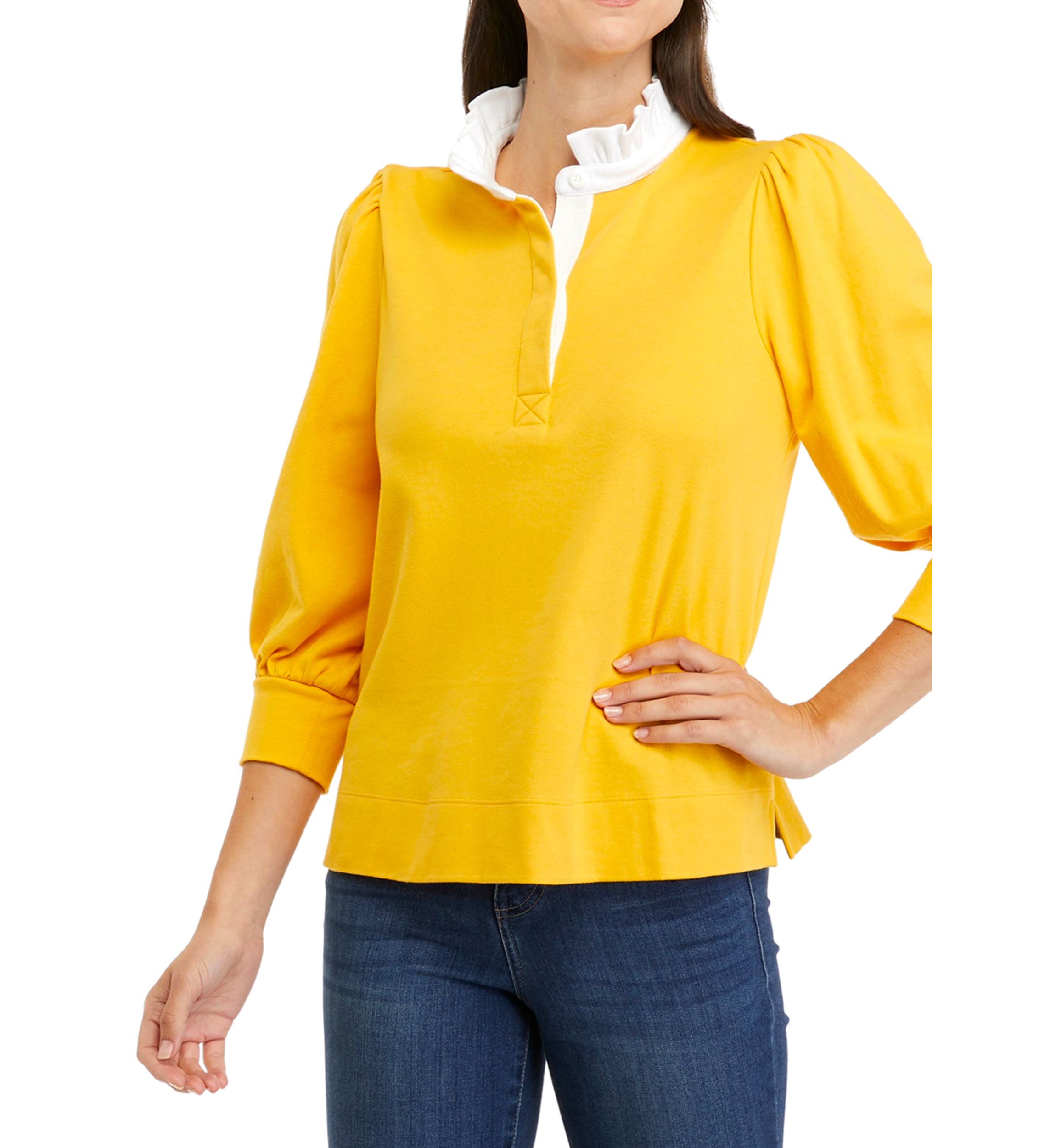 Womens 3/4 Sleeve Ruffle Swing Polo Shirt