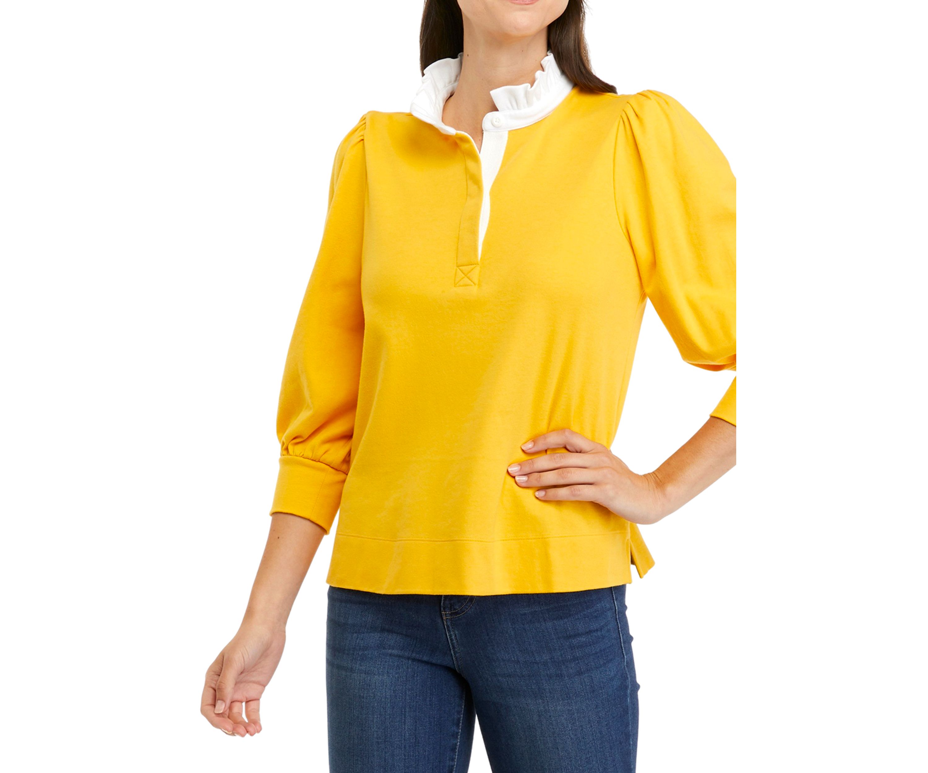 Womens 3/4 Sleeve Ruffle Swing Polo Shirt
