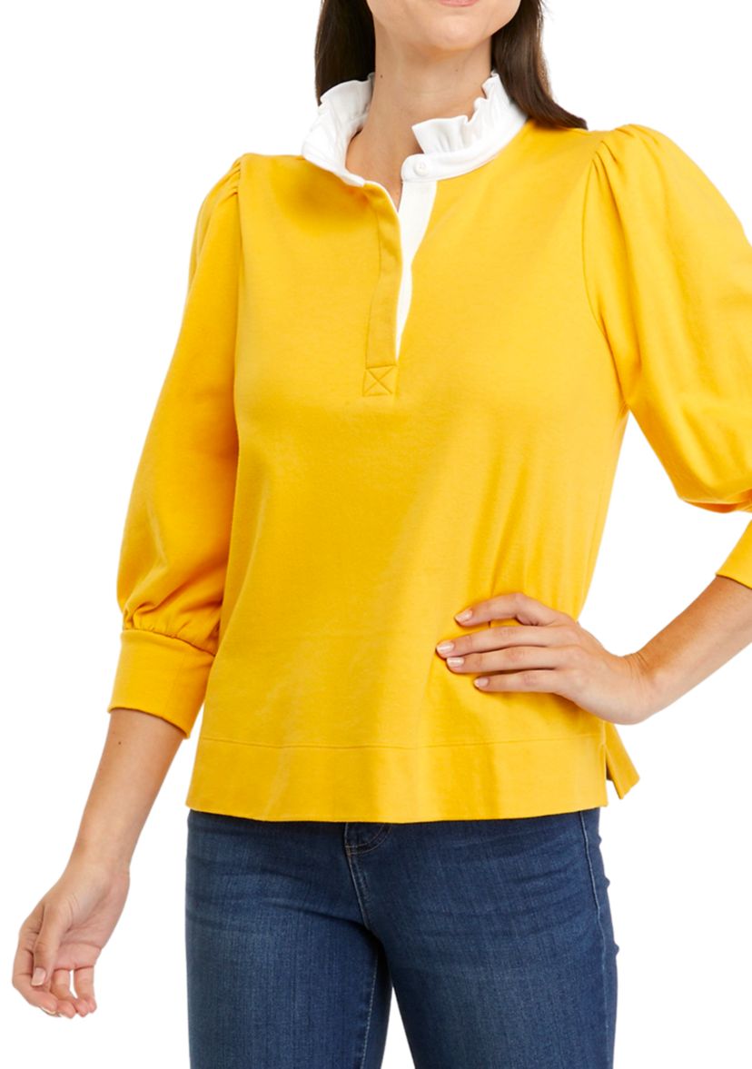 Womens 3/4 Sleeve Ruffle Swing Polo Shirt