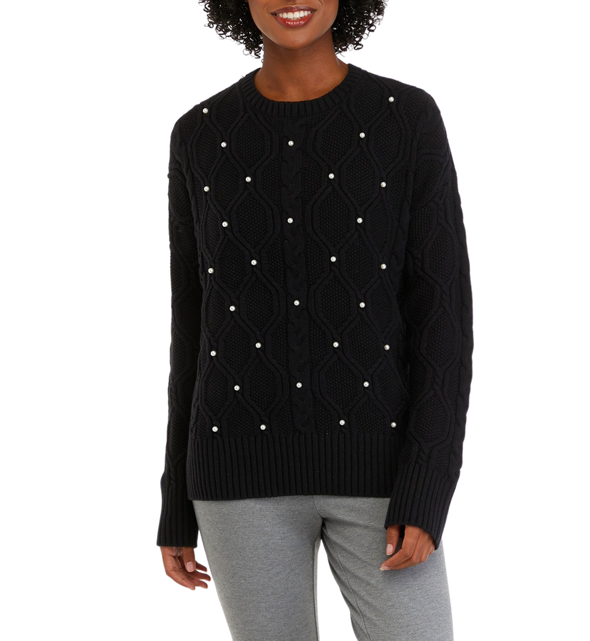 Womens Long Sleeve Pearl Cable Knit Sweater