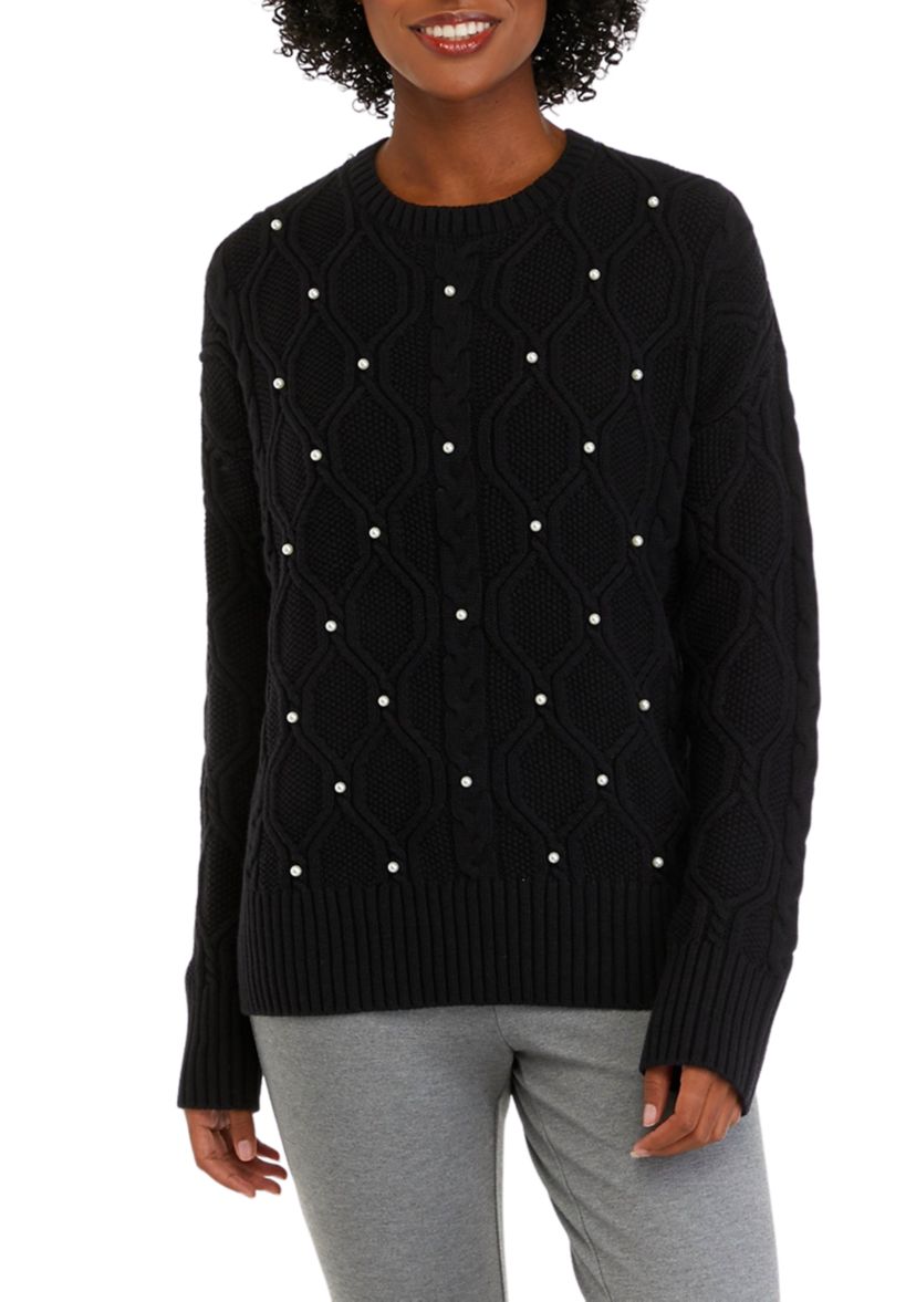 Womens Long Sleeve Pearl Cable Knit Sweater