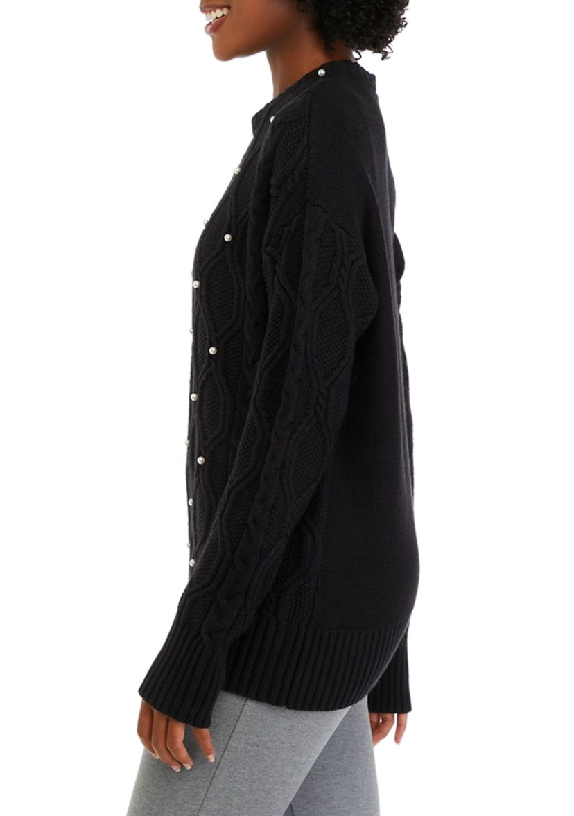 Womens Long Sleeve Pearl Cable Knit Sweater