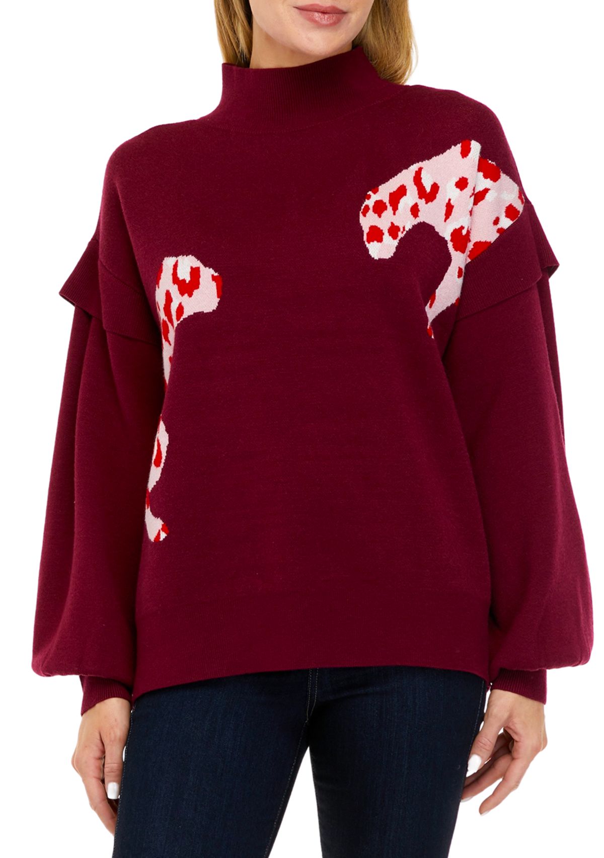 Womens Long Sleeve Mock Neck Jacquard Cat Sweater