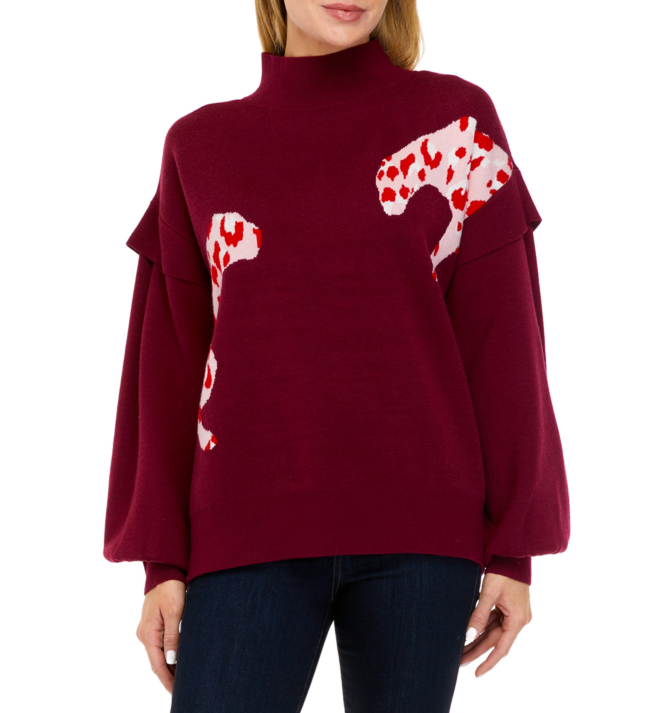 Womens Long Sleeve Mock Neck Jacquard Cat Sweater