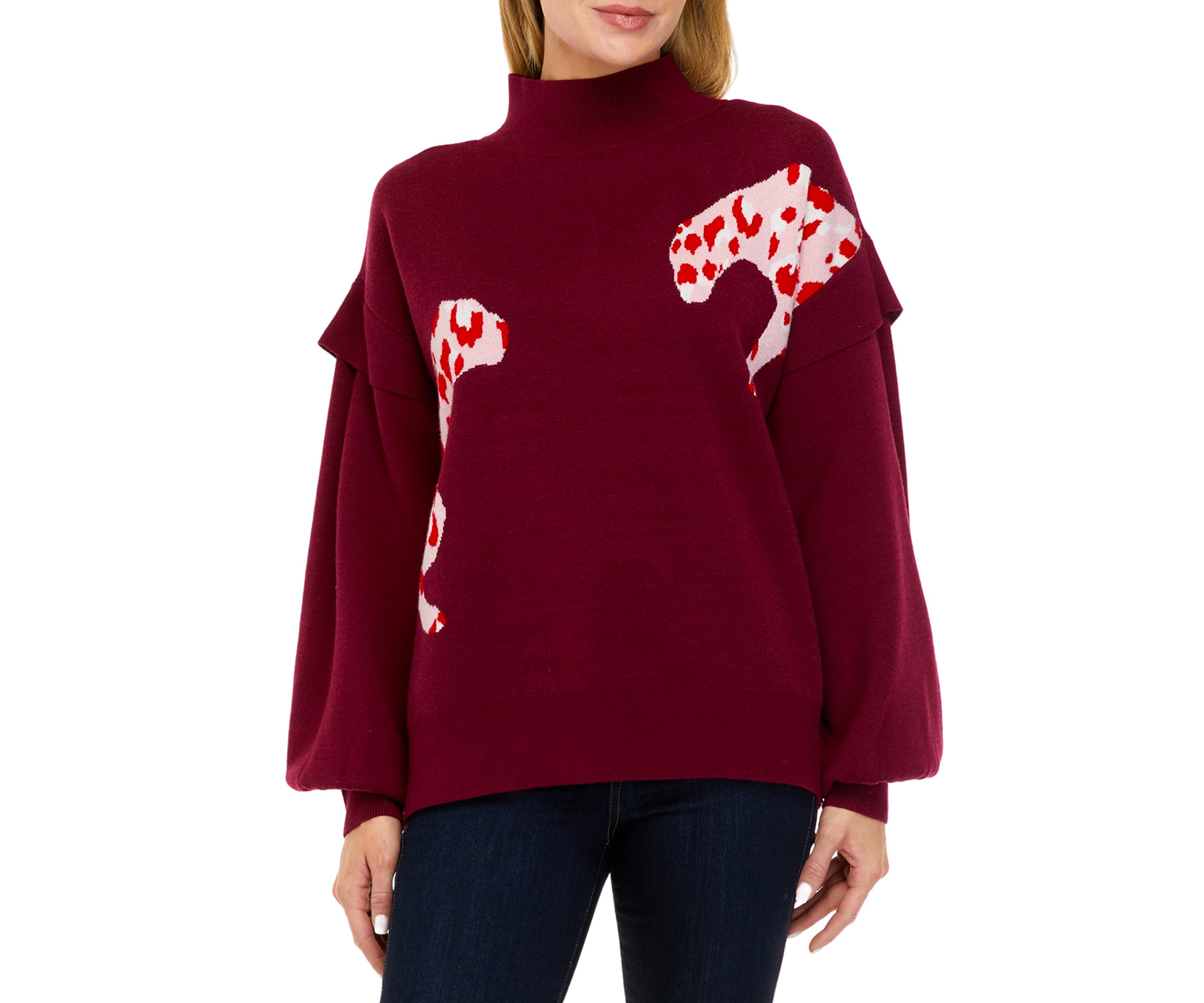 Womens Long Sleeve Mock Neck Jacquard Cat Sweater