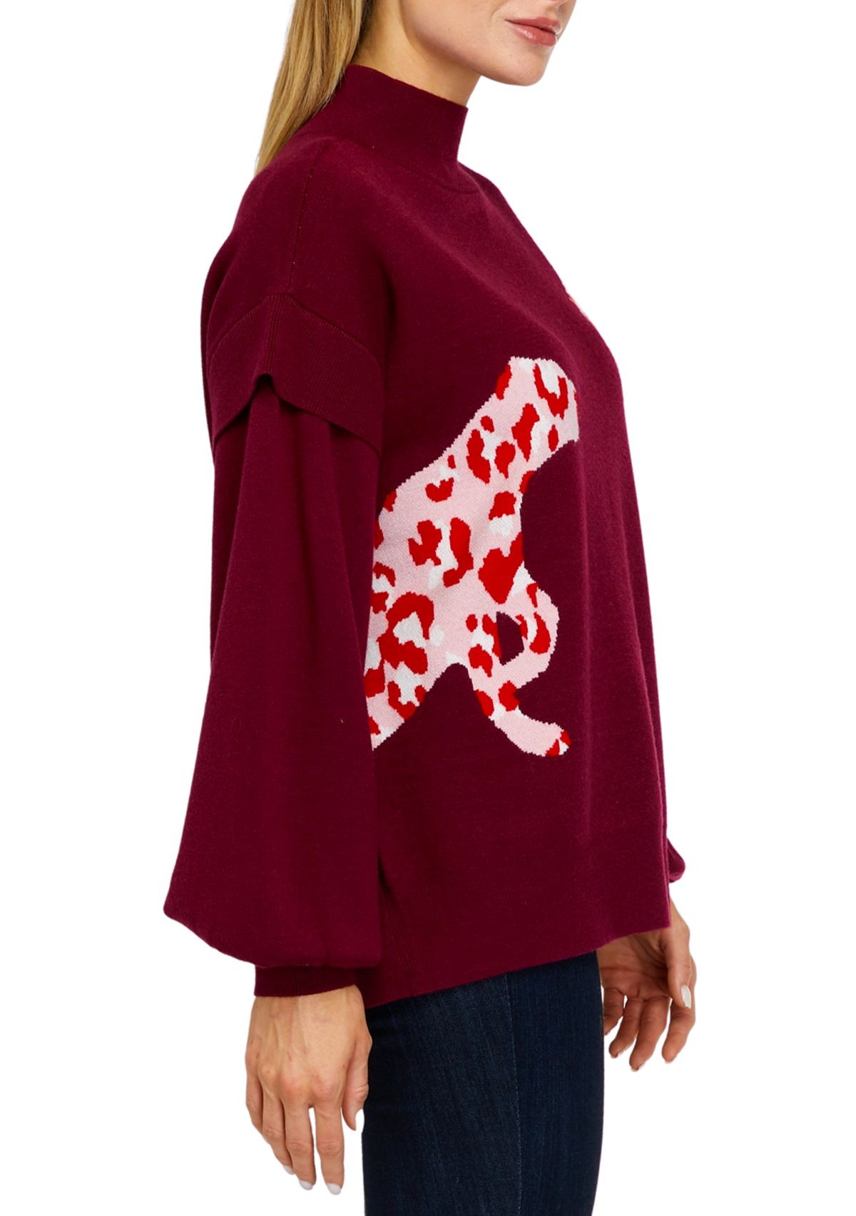 Womens Long Sleeve Mock Neck Jacquard Cat Sweater